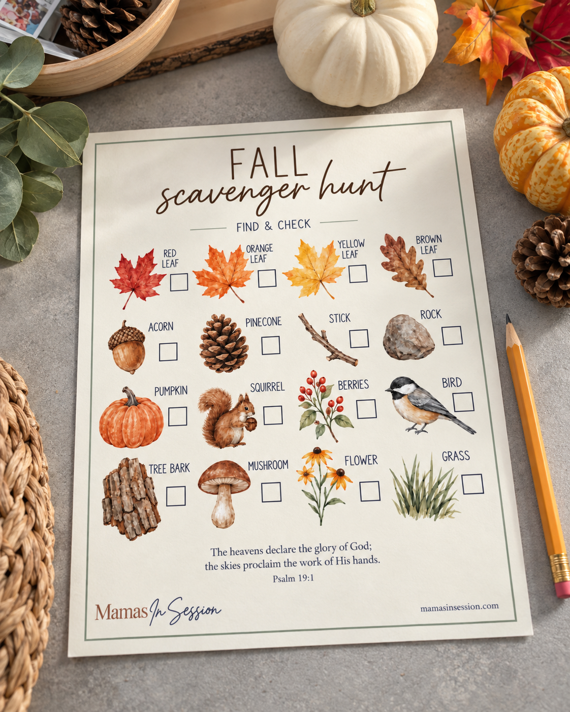 Fall scavenger hunt printable with checkboxes for leaves, acorns, pinecones, sticks, rocks, pumpkins, squirrels, berries, birds, flowers, grass, tree bark, and mushrooms surrounded by autumn decoratio