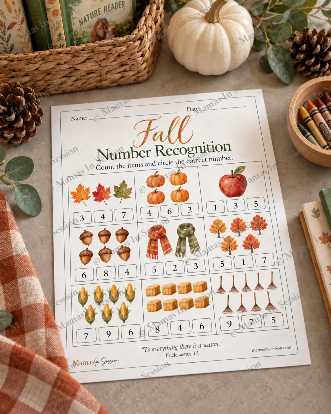Fall Number Recognition Counting Worksheet
